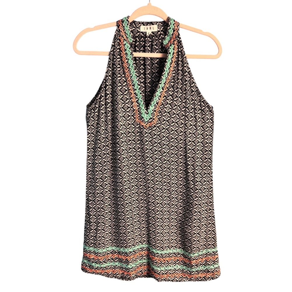 THML Women Dress Small Black White Geometric Mint Coral Embroidered Beachy‎